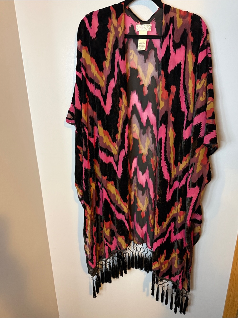 Free People Pink and Black Chevron Fringe Kimono